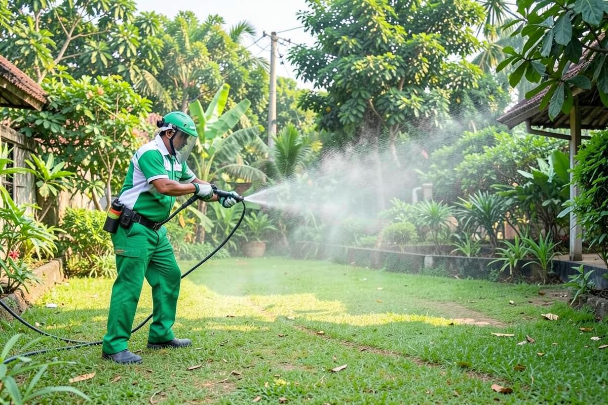 Outdoor mosquito fogging in a residential garden