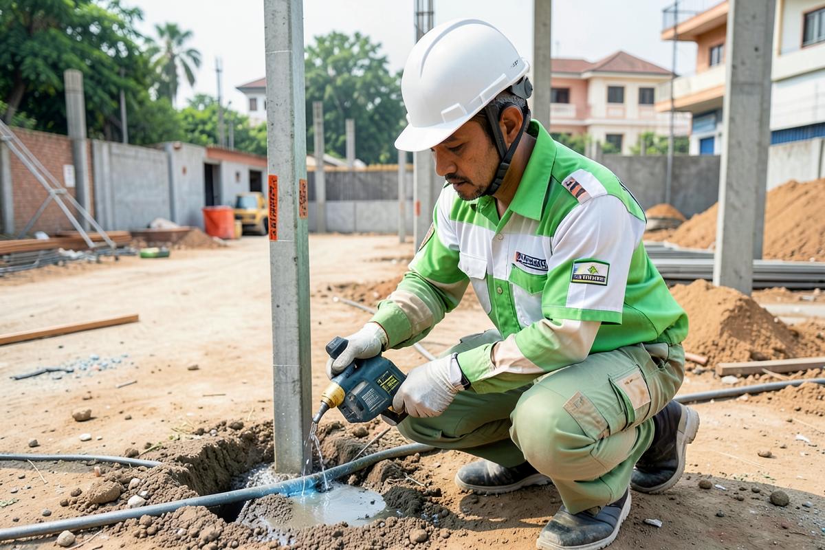 Anti-termite drilling and chemical injection at a construction site